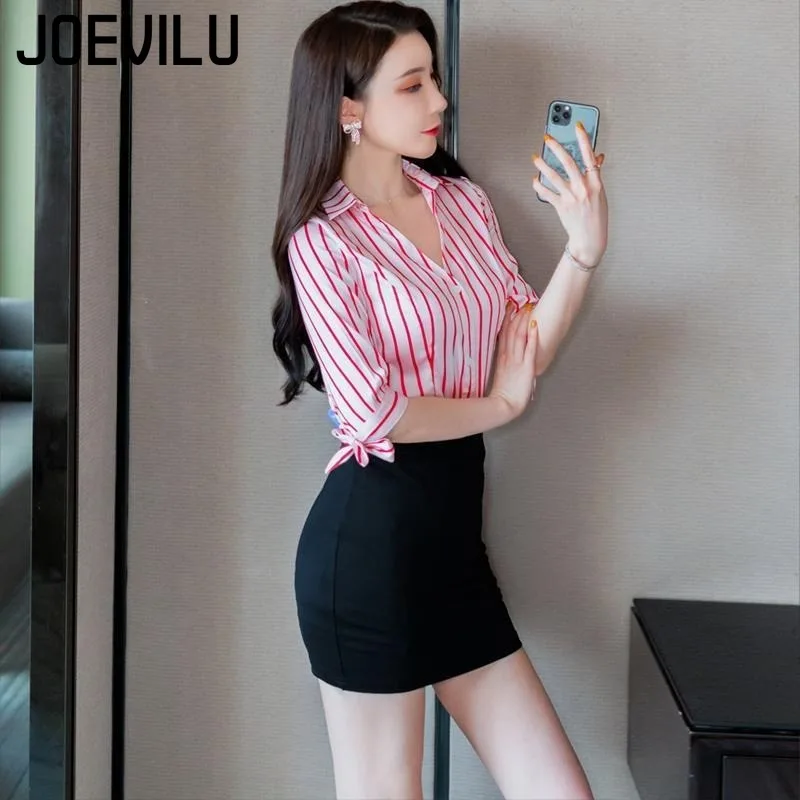 

Striped Shirt Suit Skirt Women's Sense Short Skirt Skinny Out Dating Top Business White Collar with Dress Two Piece Matching Set