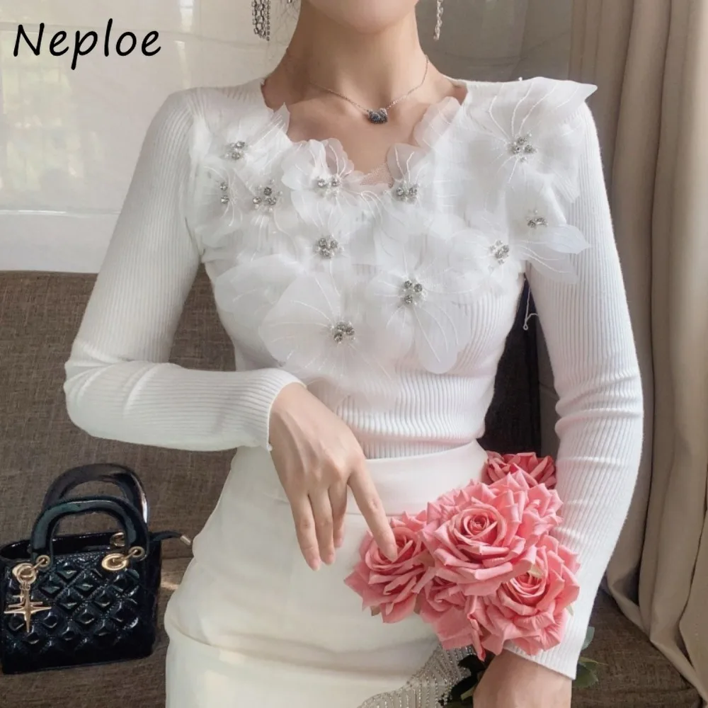 Neploe Slim V Neck Knit Pullover Heavy Ropa Mujer Commuter Beading Sweet Flower Pull Femme Pure Desire Age Reduction Undershirt