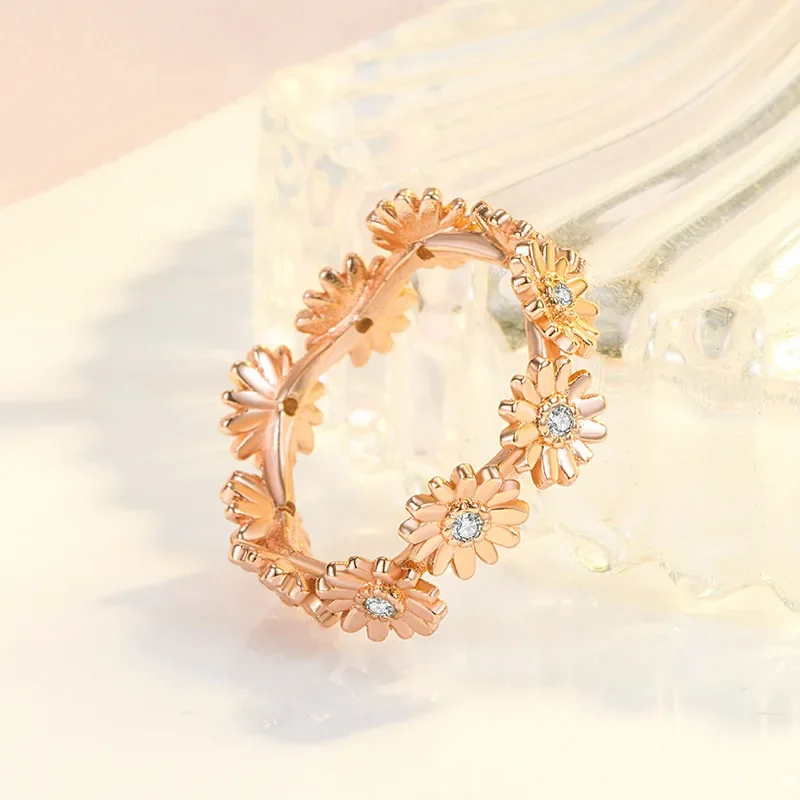 Rose Gold Daisy Flowers Rings For Women Sweet Girls Exquisite Enamel Sunflower Open Ring New Trend Jewelry Wedding Ring