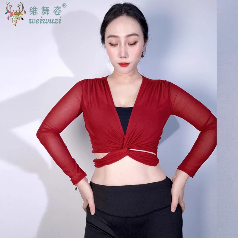 ชุดเต้นระบำหน้าท้องคอวีแขนยาวเสื้อตาข่ายนุ่มสบายเสื้อแฟชั่นสตรีเสื้อผ้าฝึกซ้อมเต้นฟลาเมงโก