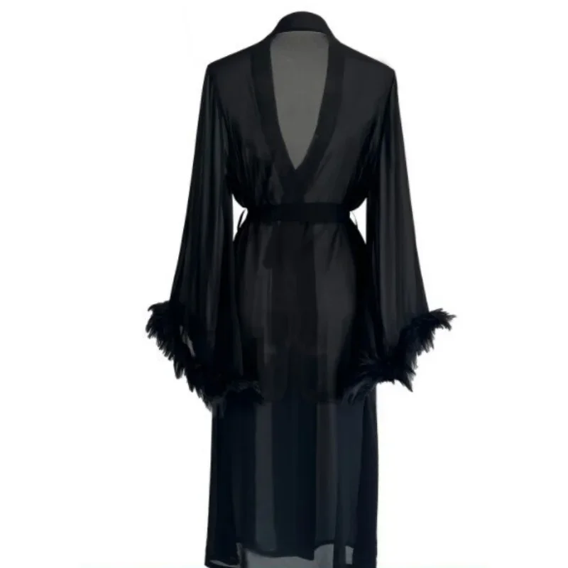 Women Simulation Silk Chiffon Pajamas Robes Sleepwear Nightgowns Nightdress Black Feather Bathrobe Smooth Soft Long Sleeve