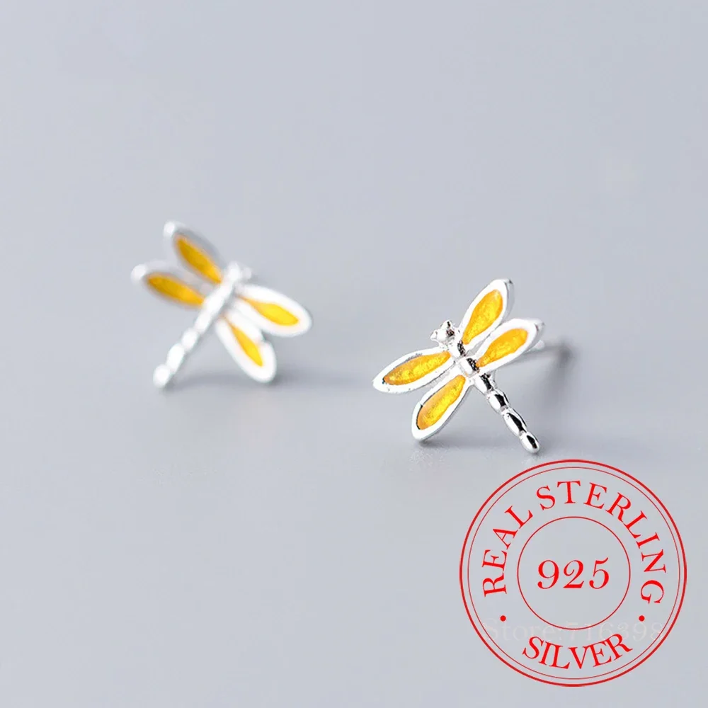 

925 Sterling Silver Yellow Enamel Dragonfly Stud Earrings For Women Wedding Gift Female pendientes mujer moda