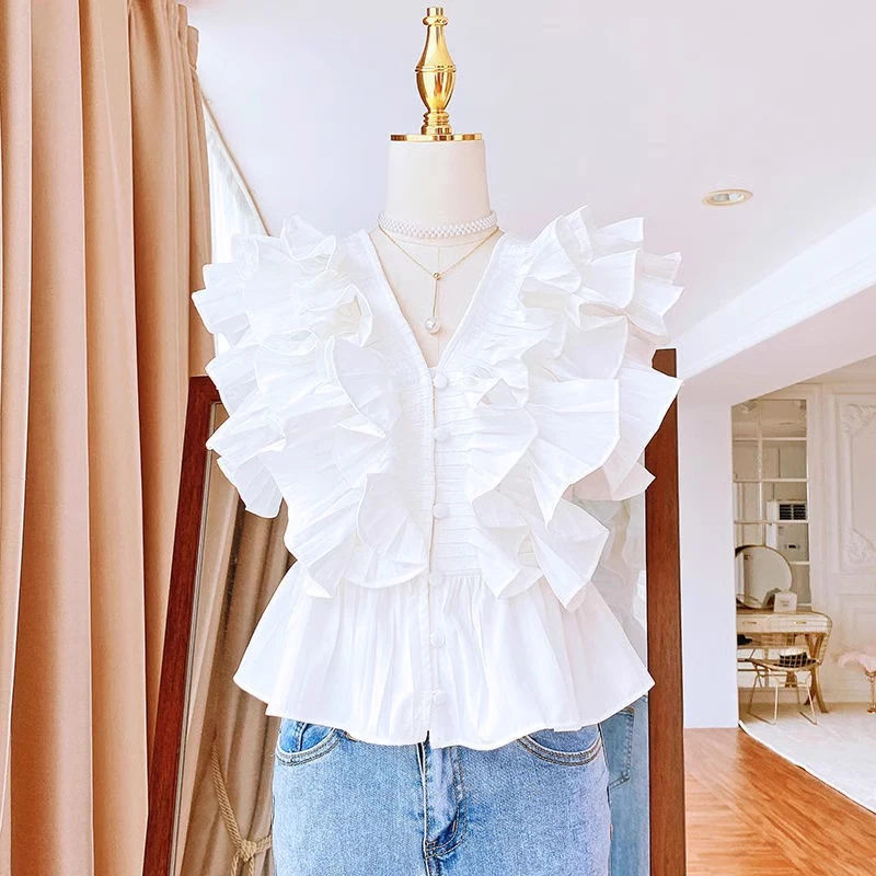 

ort Sve V-Ne Pleated Hem Blouse Women's Faion Summer New Design Straight Cut Fly Sve No Button Pure Color irt