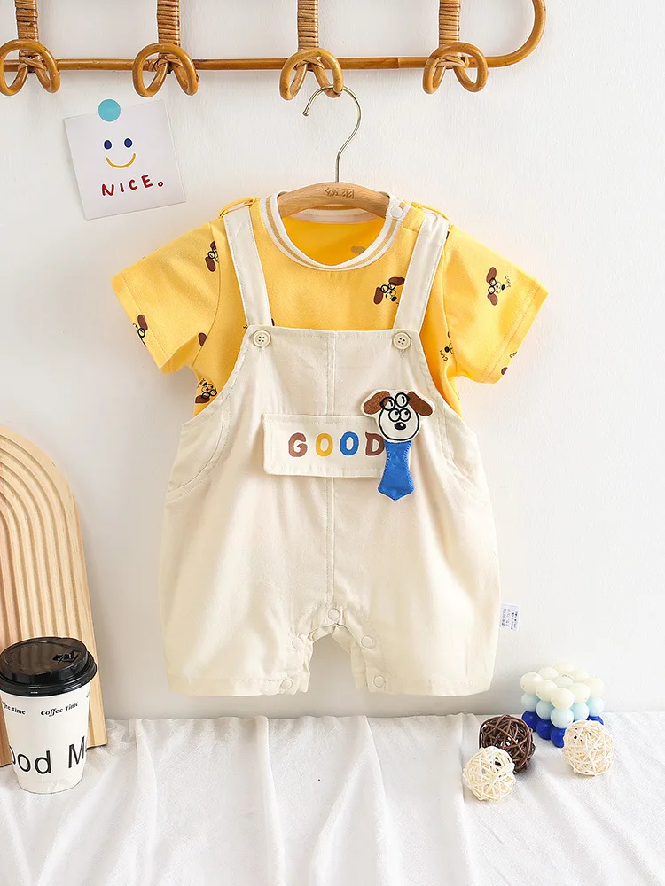 2024Summer0-3Year-Old Short Sleeve Suit Going out Clothes Puppy Strap Two Pieces Rain PantsTT-shirt Shorts Thin