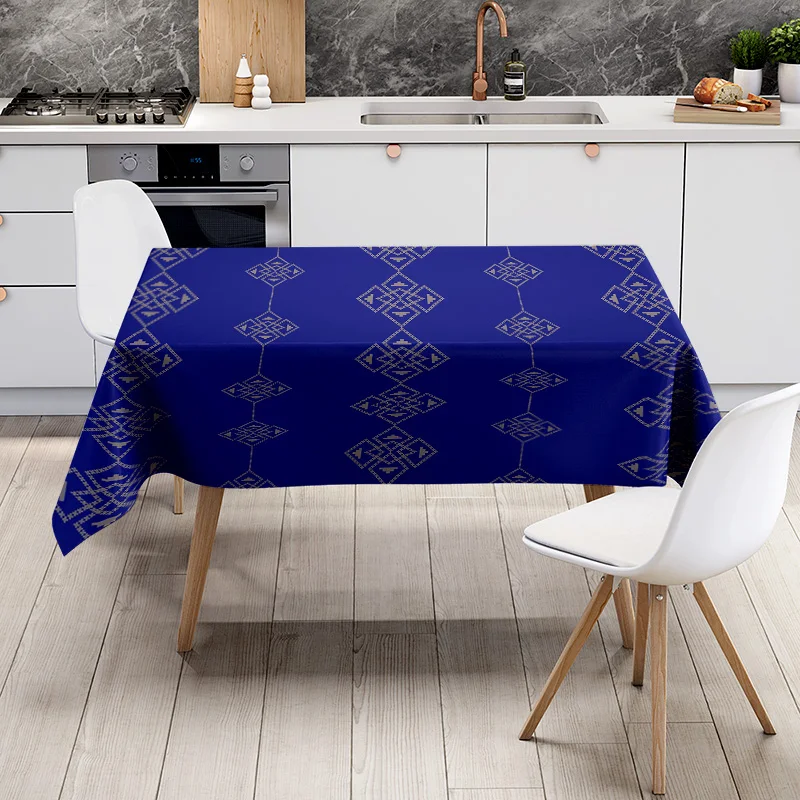 Fancy Dining Table CoverElegant Blue Floral Design 100% Polyester Stretchable Tablecloth for Home Kitchen Decoration Modern Rect