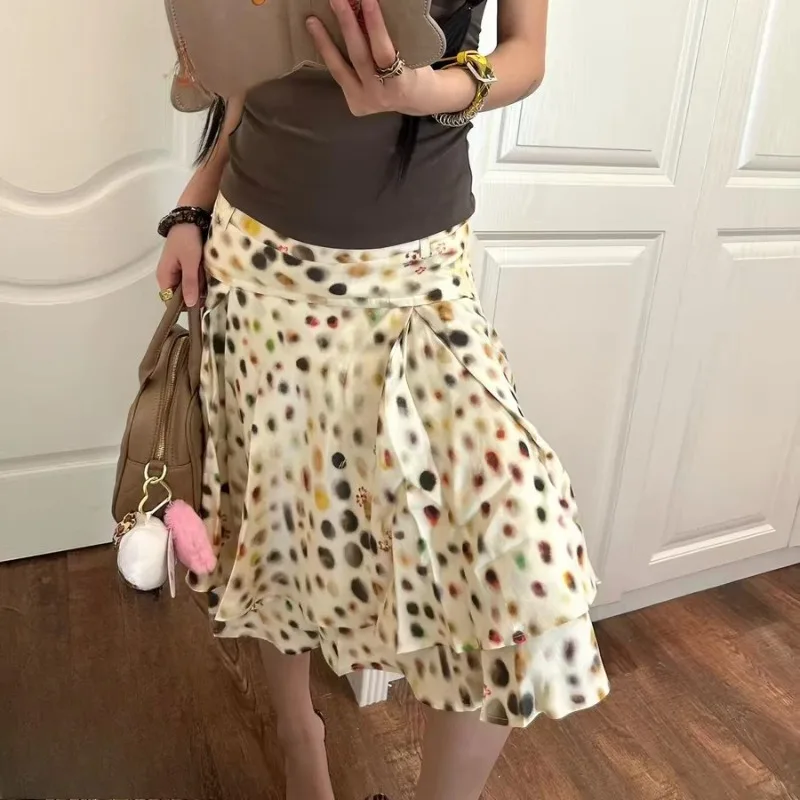 Vacation Style Psychedelic Wave Point Tencel A-line Midi Skirt Double-layer Oblique Cutting Casual Half Skirt