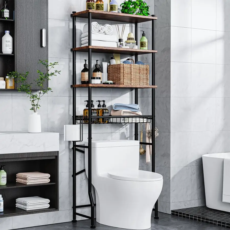 

Storage Shelf,4Tier Bathroom Organizer Cabinet Rack And Storage Over Toilet With Shelf Waterproof Feet Pad And Basket,Multifunct