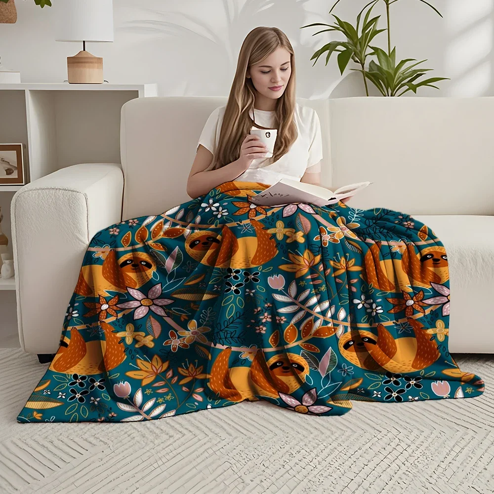 

Flannel Cozy Blanket Happy Boho Sloth Floral Sherpa Throw Microfiber Bedspread With No-shedding
