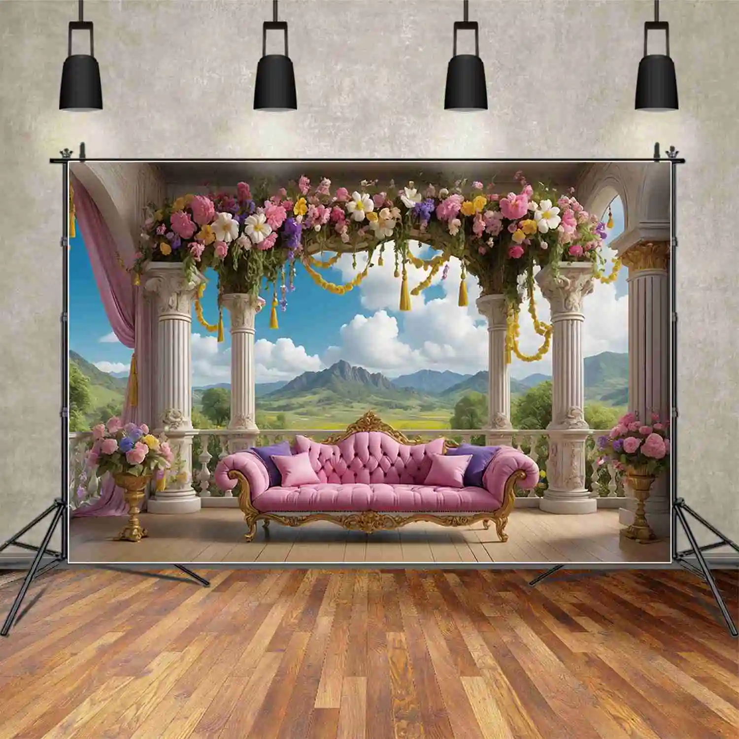 MOON.QG Princess Flower Curtain Castle Birthday Background Girl Arch Garaland Viewing Platform fondale accessori per feste personalizzati