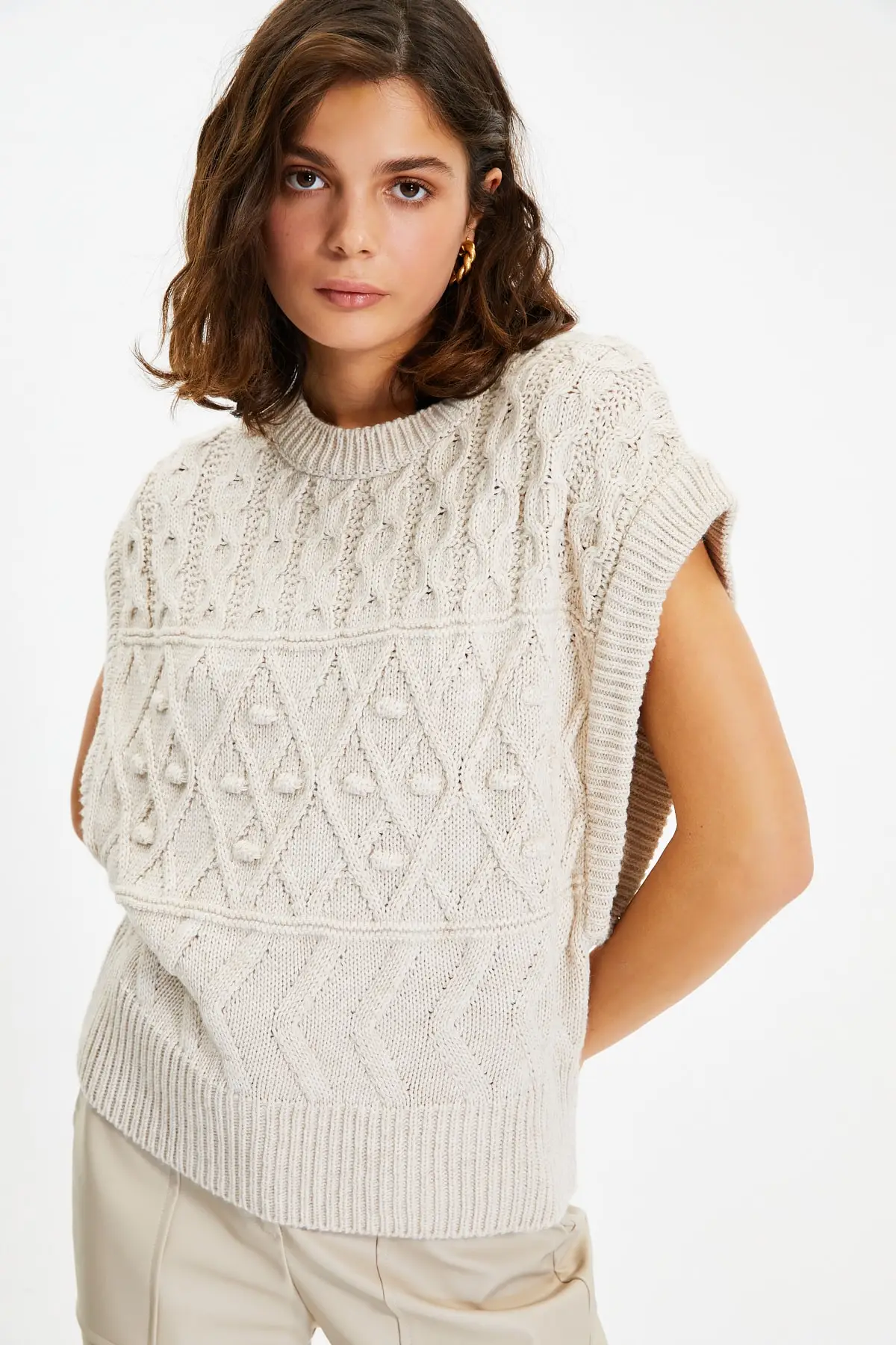 Stone Knitted Detailed Knitwear Sweater. 100% cotton sweater. Special design women's clothing. High quality fabric.