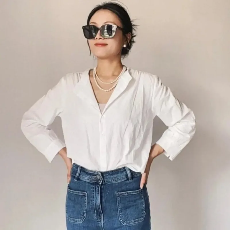 

Women's French Style White Long Sleeve Shirt Casual Loose V Neck Office Blouse