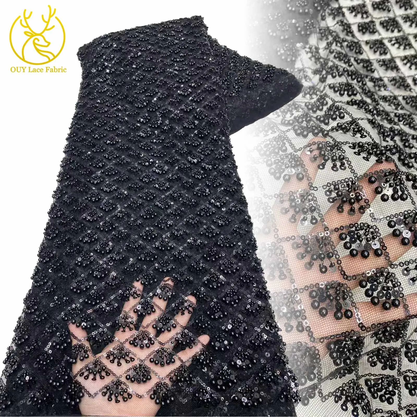 

Hot Sale African Sequins Beaded Groom Embroidered Lace Fabric 2025 Nigeria French Tulle Bridal Wedding Party Lace Fabric 5 Yards