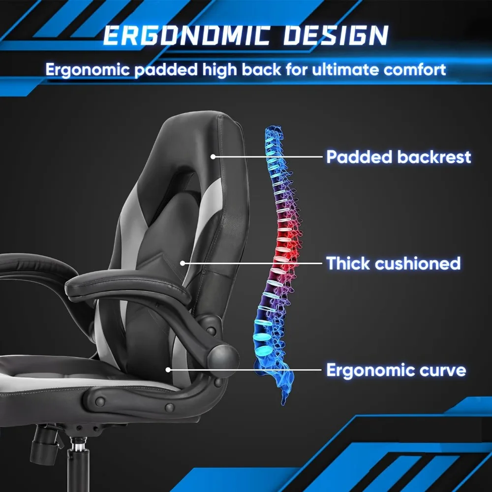 Silla ergonómica de oficina para adultos, escritorio para juegos de ordenador, brazos abatibles, altura ajustable, cuero PU, giratoria con ruedas