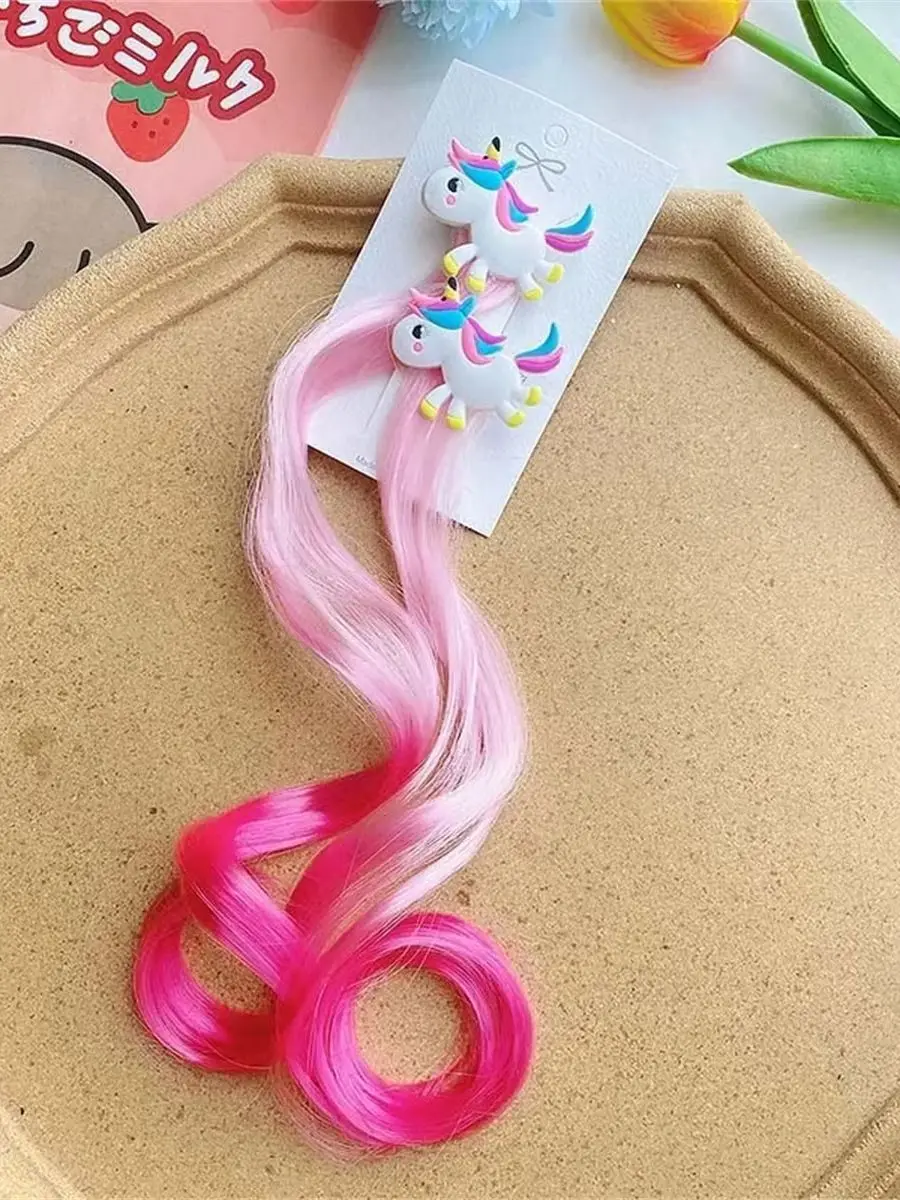 2 szt. Nowa księżniczka jednorożec wielokolorowa peruka dziewczyny spinki do włosów śliczne dziecięce nakrycia głowy Hairgrip spinki do włosów Barrettes akcesoria do włosów — zdjęcie 2