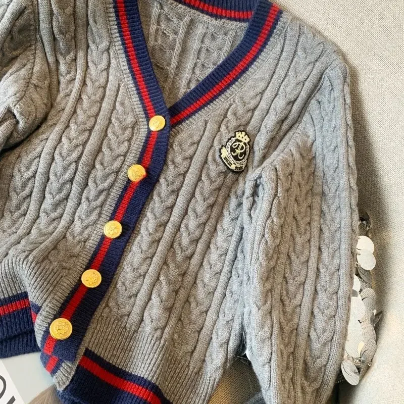 HOUZHOU-cárdigan de punto estilo Preppy Y2k para mujer, Jersey de punto informal Vintage con cuello en V, suéter Kpop para otoño e invierno, abrigo estético