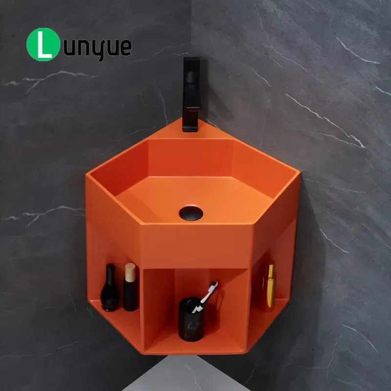 New Mold Artificial Stone Wall Mounted Corner Pentagon Sink Orange Washbasin for Bathroom Modern Design Space Saving Decor