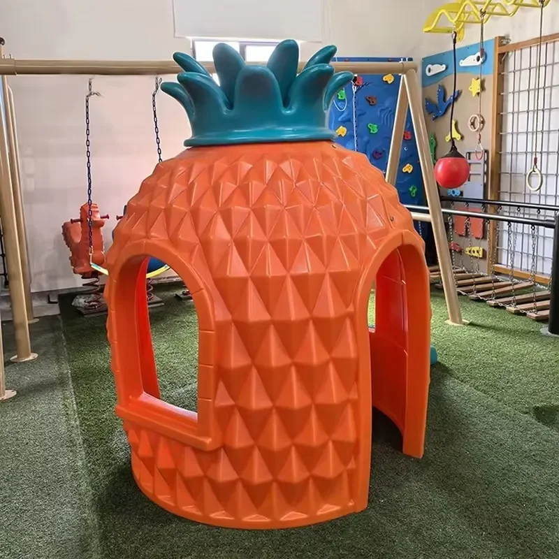 Interactive Plastic Pineapple Shaped Playhouse with Double Doors and Slide Sensory Development Toy for Kindergarten Outdoor