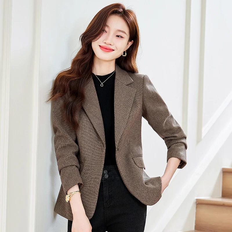 NAVIU Women Chic Office Lady Vintage Fashion Casual Long Sleeve Business Work Single Button Elegant Tops Clothes Outerwear Brown