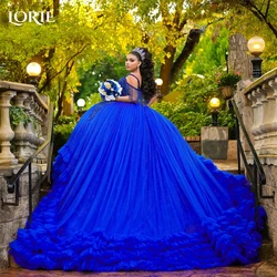 LORIE Royal Blue Glitter Formal Prom Dresses Off Shoulder Lace Beading Tiered Ruffles Evening Dress Backless Wedding Party Gowns