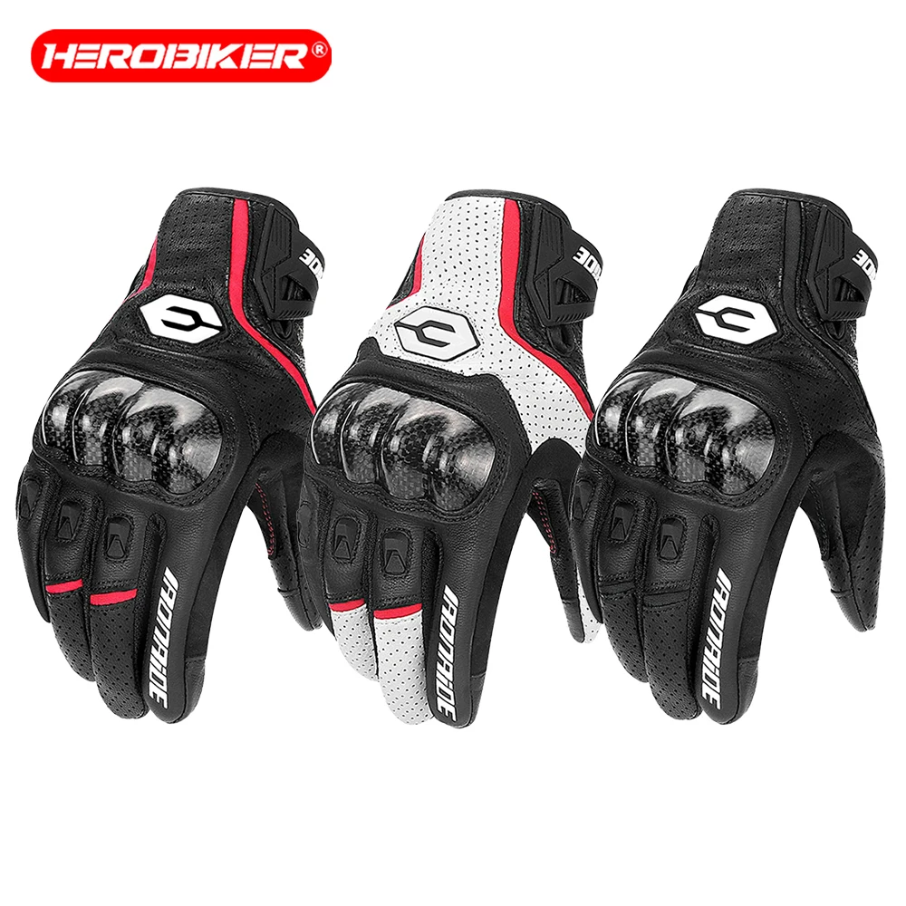 Men Carbon Fiber Motorcycle Gloves Cowhide Leather Motorbike Motocross Gloves Anti-slip Protective Gear Motorcycle Equipment ﻿