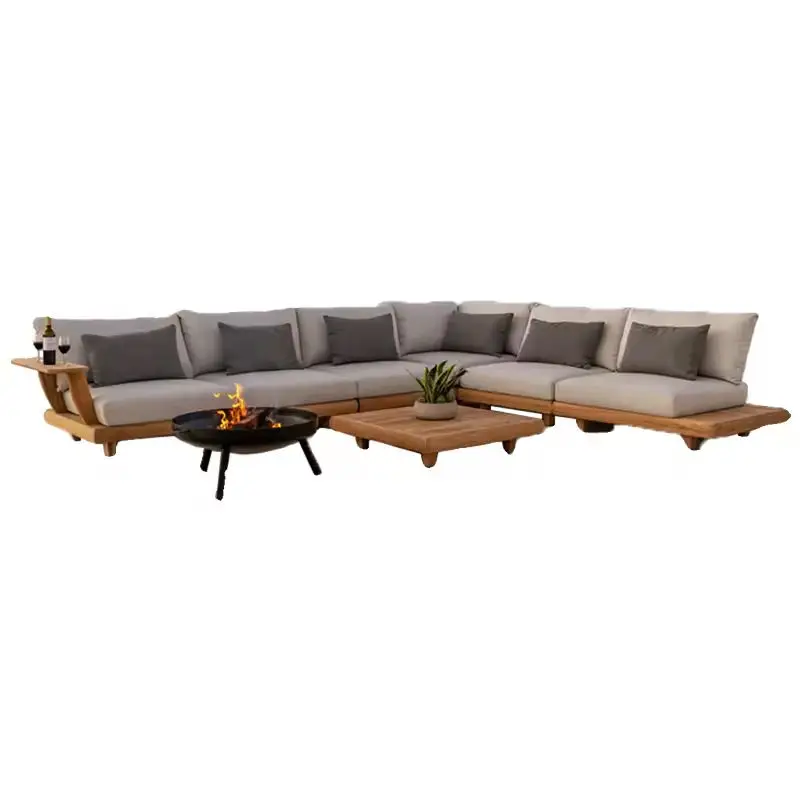 

Outdoor teak sofa set with loungers and sunbeds, waterproof storage, Nordic design, suitable for gardens and terraces