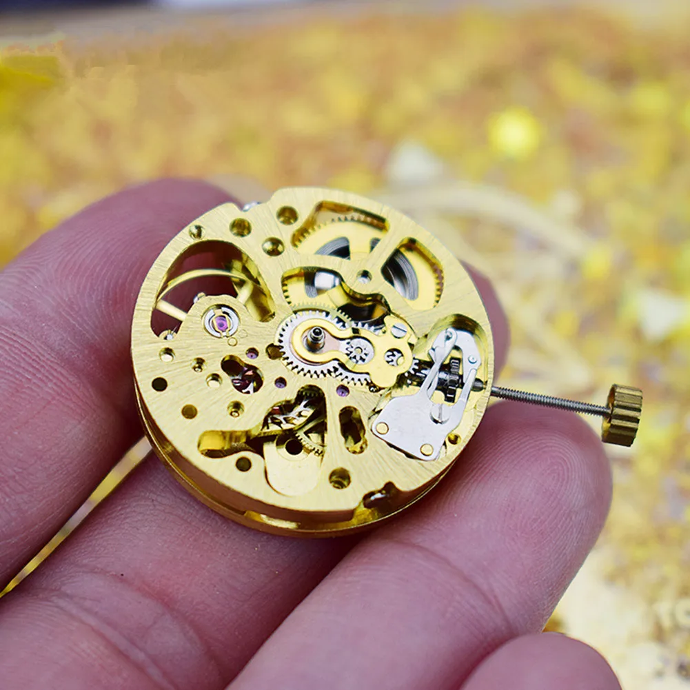 17-Jewels Gold Skeleton 2004 Automatic Movement 3-Hands 2 Time Zones Adjustment Radiation Pattern Mechanical Movement Replace