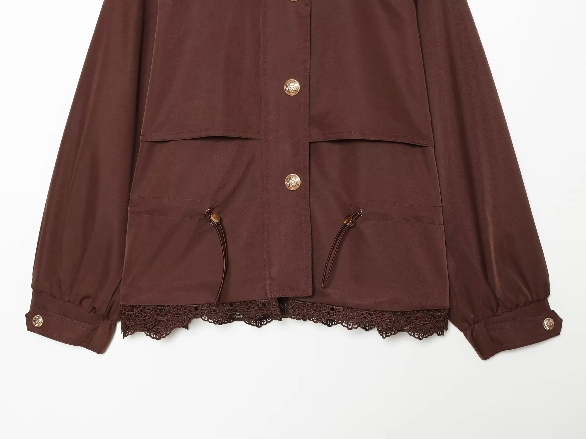Damen Stehkragen Metallknopf Kurzer Trenchcoat Elegante Spitzenverzierung am Rücken mit Kordelzug in der Taille Damenjacke Windbreaker Oberbekleidung – Detail 11