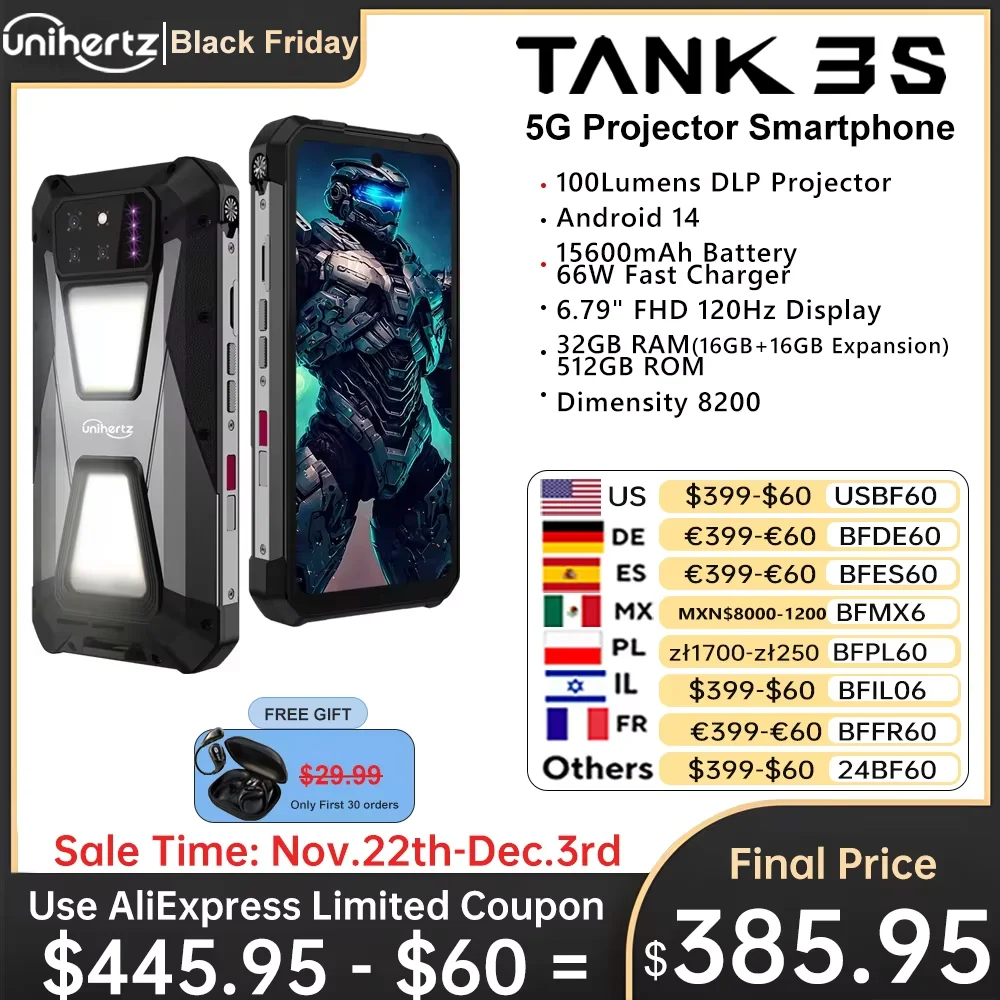 Unihertz tank 3s 8849 powered phone with projector 24/32GB 256/512GB Dimension 8200 cellphone 15600mAh 66W smartphones