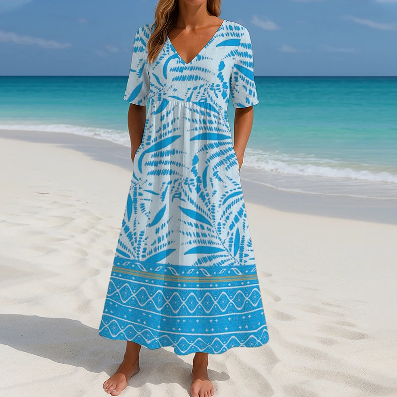Letnia damska sukienka Luźne sukienki maxi dla kobiet Elegancka sukienka plażowa z krótkim rękawem w stylu vintage Boho