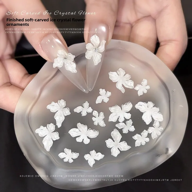 LYLE 50Pcs Ice Crystal Soft Carved Flower Nail Charms Mixed Pure Fairy 5 Petals Resin Flower Press On Nail Accessories