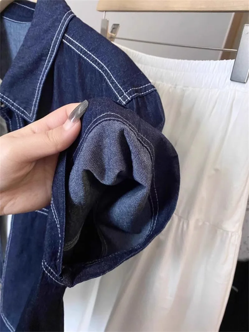 Deep Blue Retro Short Denim Shirts 2026 New Spring Summer Short Sleeved Loose Jeans Jacket Women Korean Versatile Outwear Tops