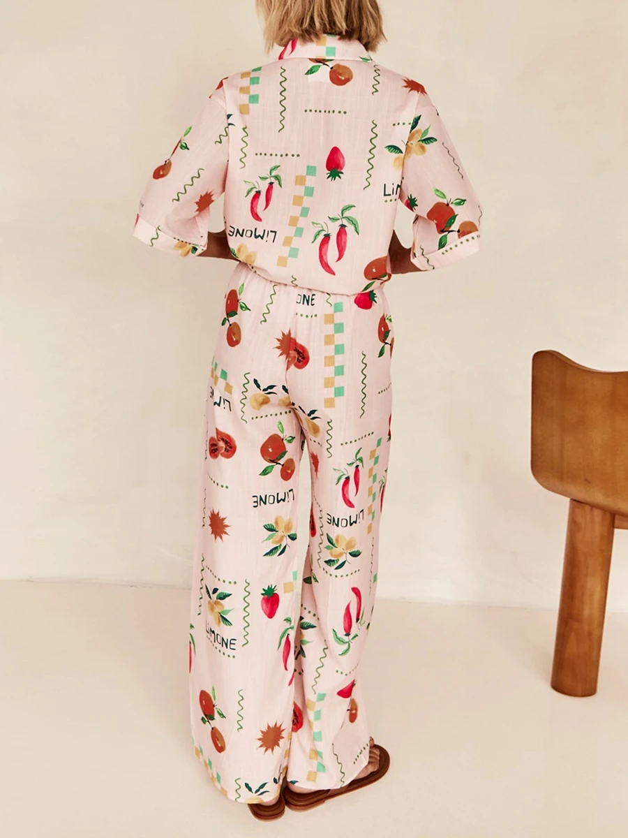 Women Fruit Print 2 Piece Pants Pajama Sets Short Sleeve Button Down Blouse Wide Leg Lounge Pants Set Summer Holiday Outfit