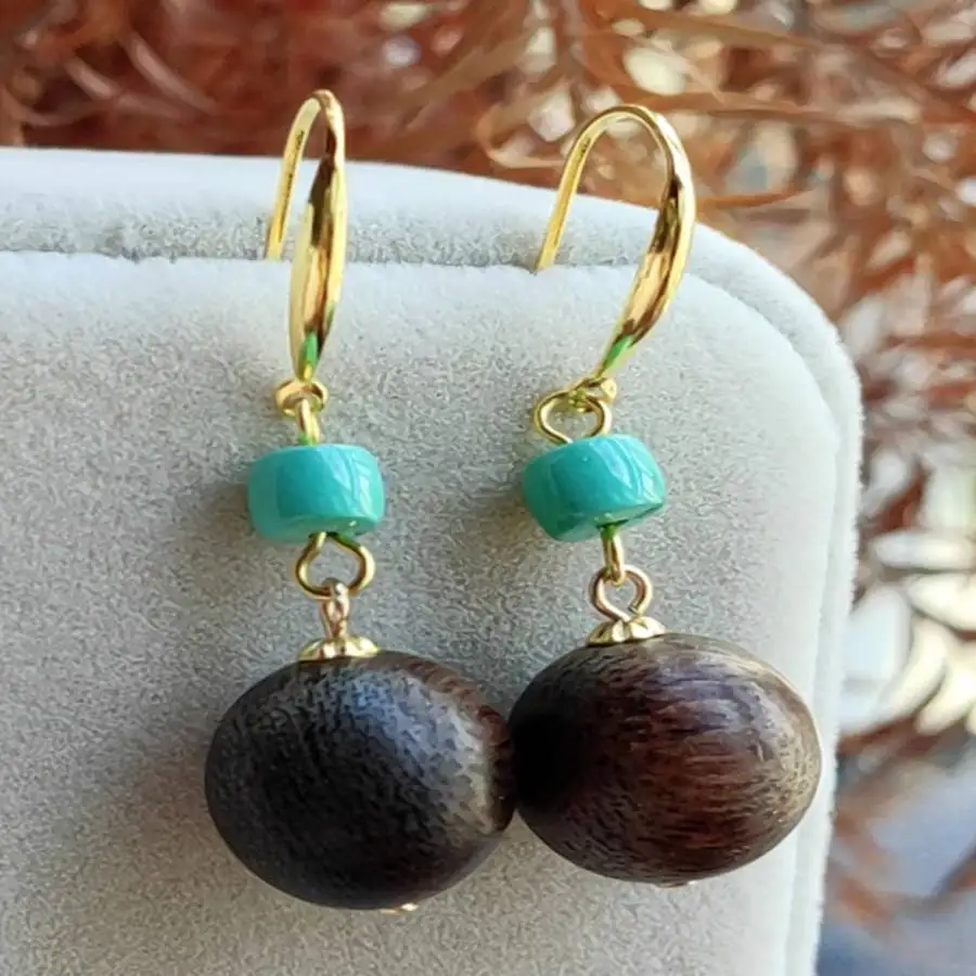 Chinese Vintage Wood Bead Turquoise Dangle Earrings Women Gold Hook Drop Earrings Oriental Ethnic Hanfu Boho Jewelry Gift