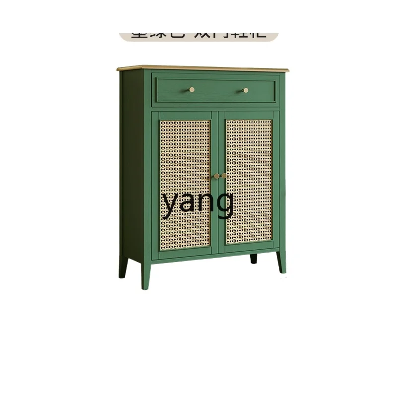 Yjq Vintage Shoe Cabinet Solid Wood Rattan Storage Home Put on Shoes Integrated Dark Green Hallway Cabinet