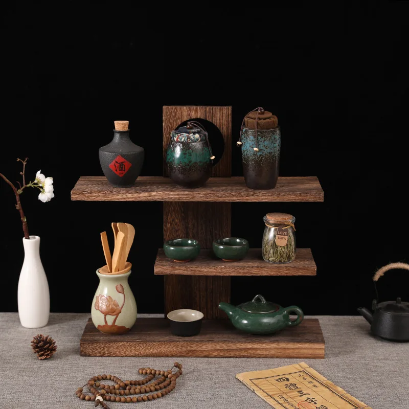 Bogu rack Small multi-layer desktop solid wood retro tea set ornament Household teacup rack Teapot rack Shelf display