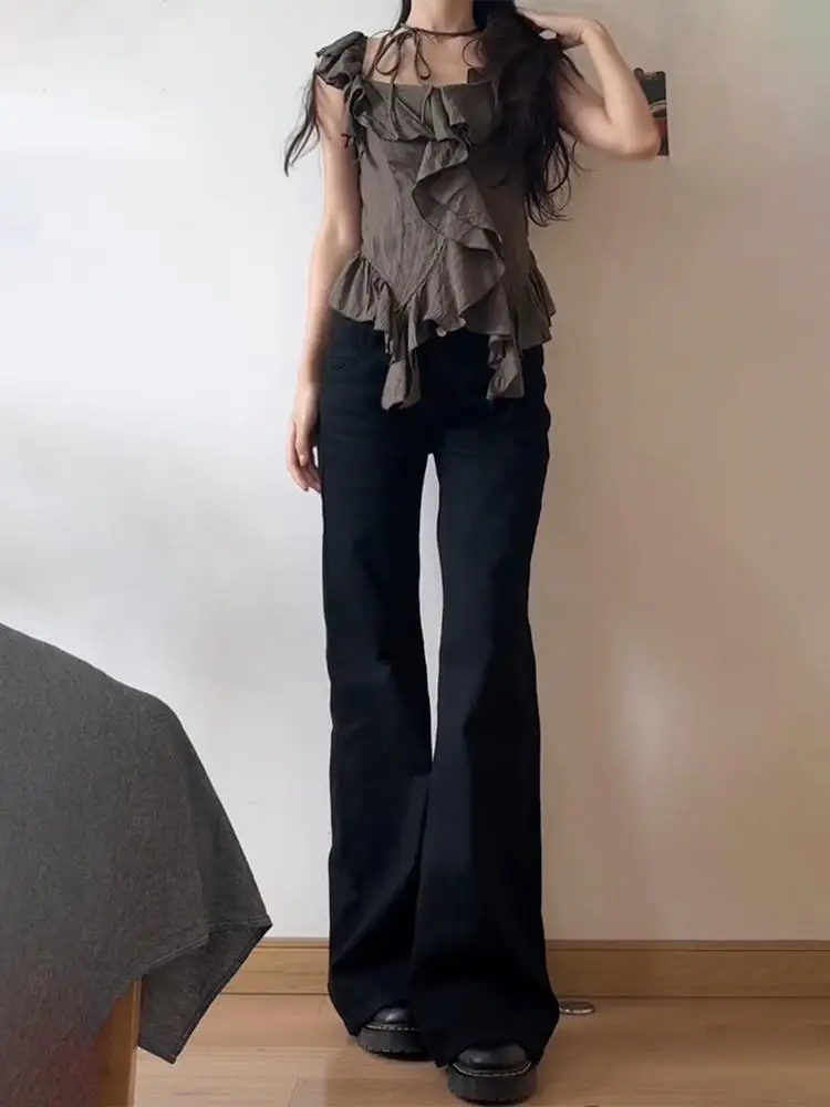 Women Low Waist Flared Jeans Retro Style Blue Black Micro Flare Pants Loose Straight Wide Leg Jeans Female Spring Fashion