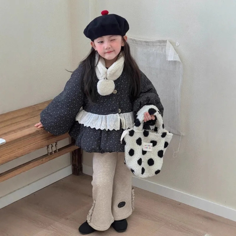 Sets Childrens Clothing Girls Cotton Jacket Winter New Item Korean Style Sweet Thick Lace Warm Jacket Pants Two Piece Set 2025
