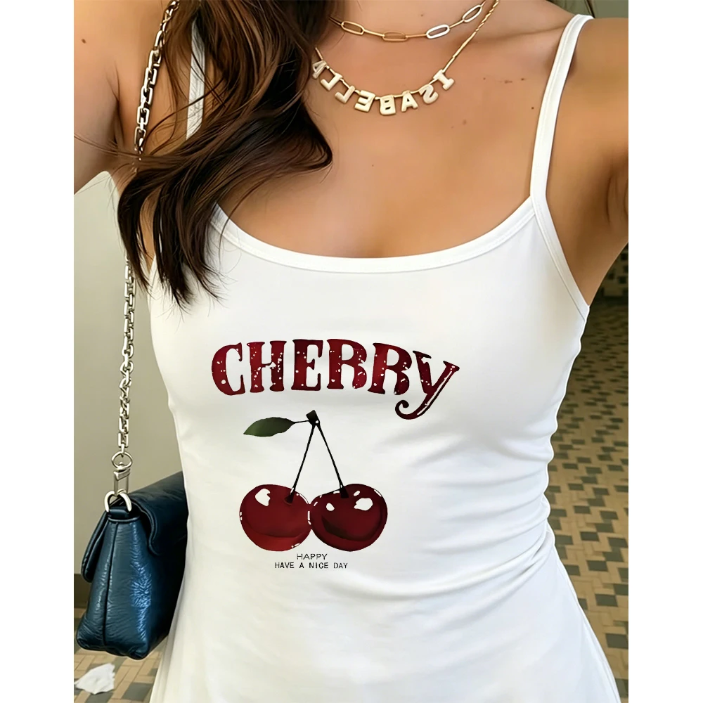 Summer Vacation Cherry Print Camisole Women Holiday Tank Top Sleeveless Vest Beach Party Slogan Tee Relaxed Vibe Fashion Top