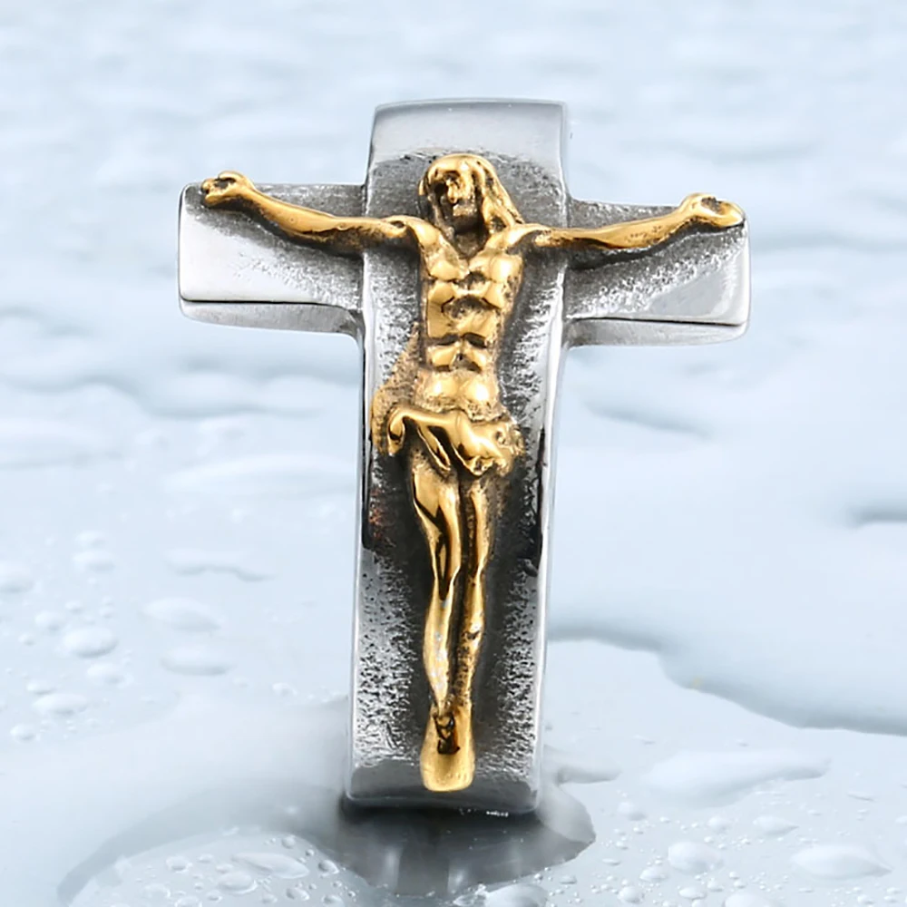 Vintage Stainless Steel Jesus Cross Rings For Men Women Golden Color Christian Prayer Ring Religion Party Jewelry Gift Wholesale