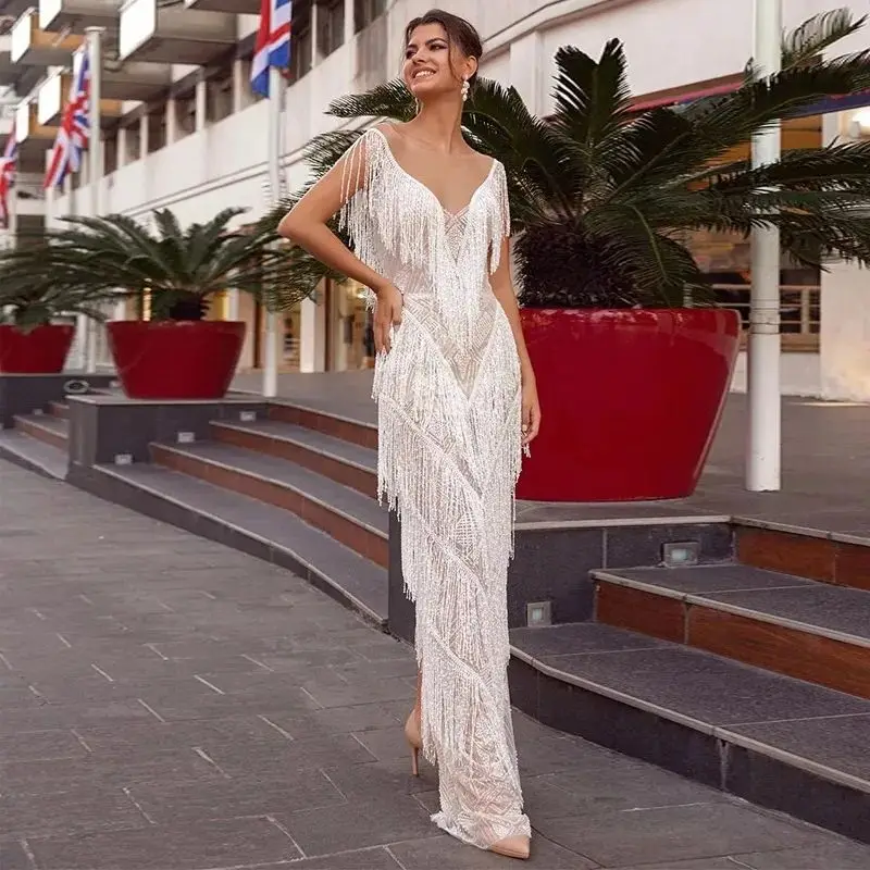 2026 feminino elegante sexy manga curta branco borla vestido senhoras night club maxi vestido de festa de casamento à noite