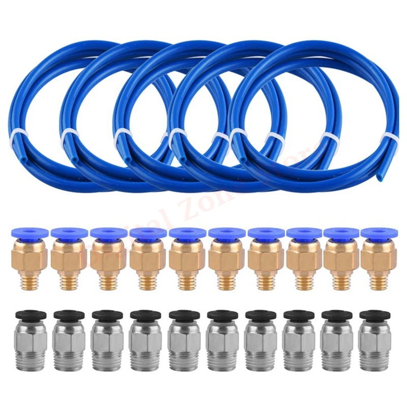 5Pcs 1M Tube Blue PTFE Tubing with 10Pcs PC4-M6 and 10Pcs PC4-M10 Pneumatic Fitting Push for Ender 3/3 Pro/3 V2, CR10/10S