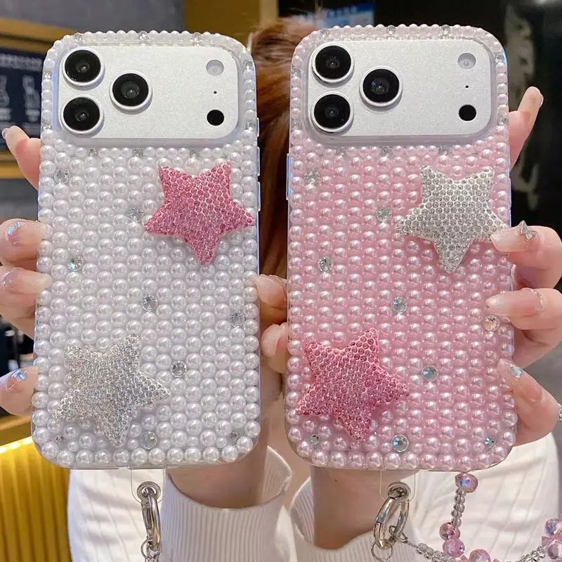 Coquette Sparkling Y2K Full Pearl Rhinestone Star Phone Case for 17 Pro Max Crystal Strap Protective Cover for iPhone 16 15 14