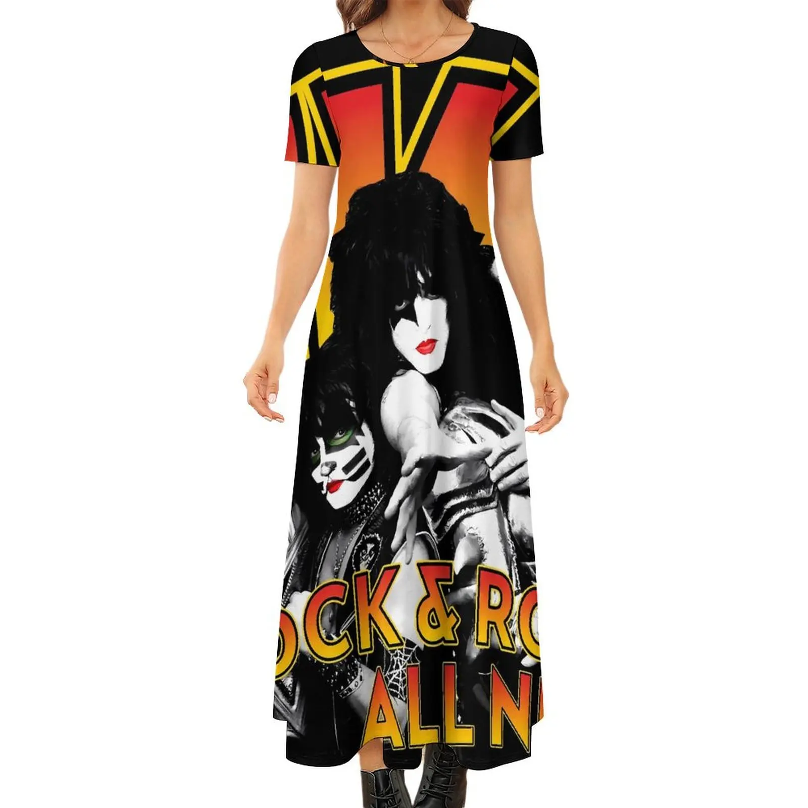 Kiss Band – robe longue de plage pour femmes, tenue Maxi, Kawaii, manches courtes, Streetwear, style Boho, surdimensionnée