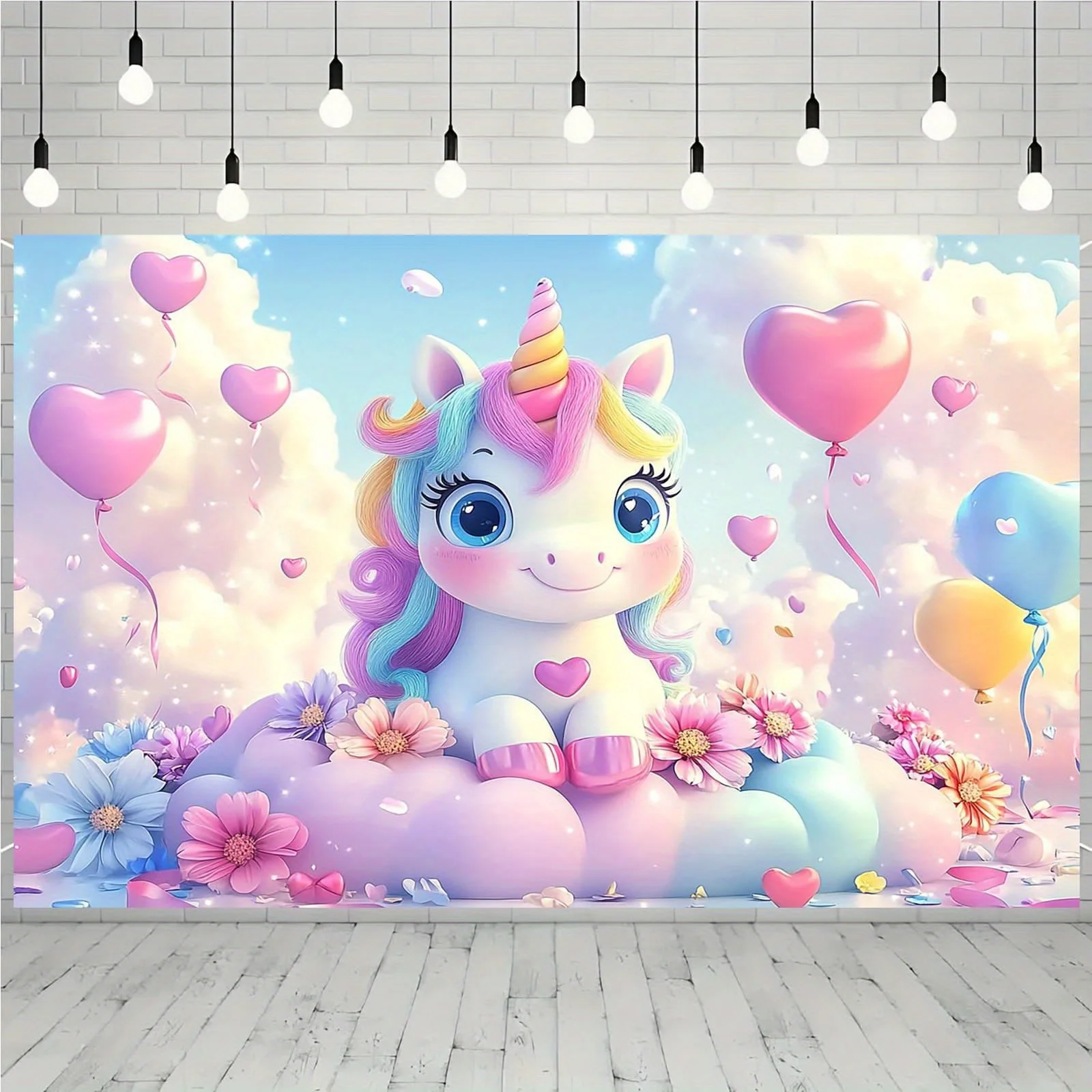 1 pancarta de fiesta con diseño de unicornio rosa: un fondo fotográfico imaginativo con globos, flores y nubes
