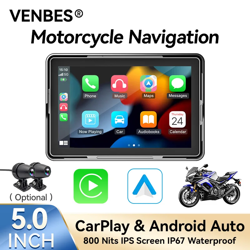 

VENBES 5-дюймовый мотоцикл Carplay GPS-навигация Carplay Android Auto Портативный IP67 Водонепроницаемый сенсорный видеорегистратор Bluetooth 5,0