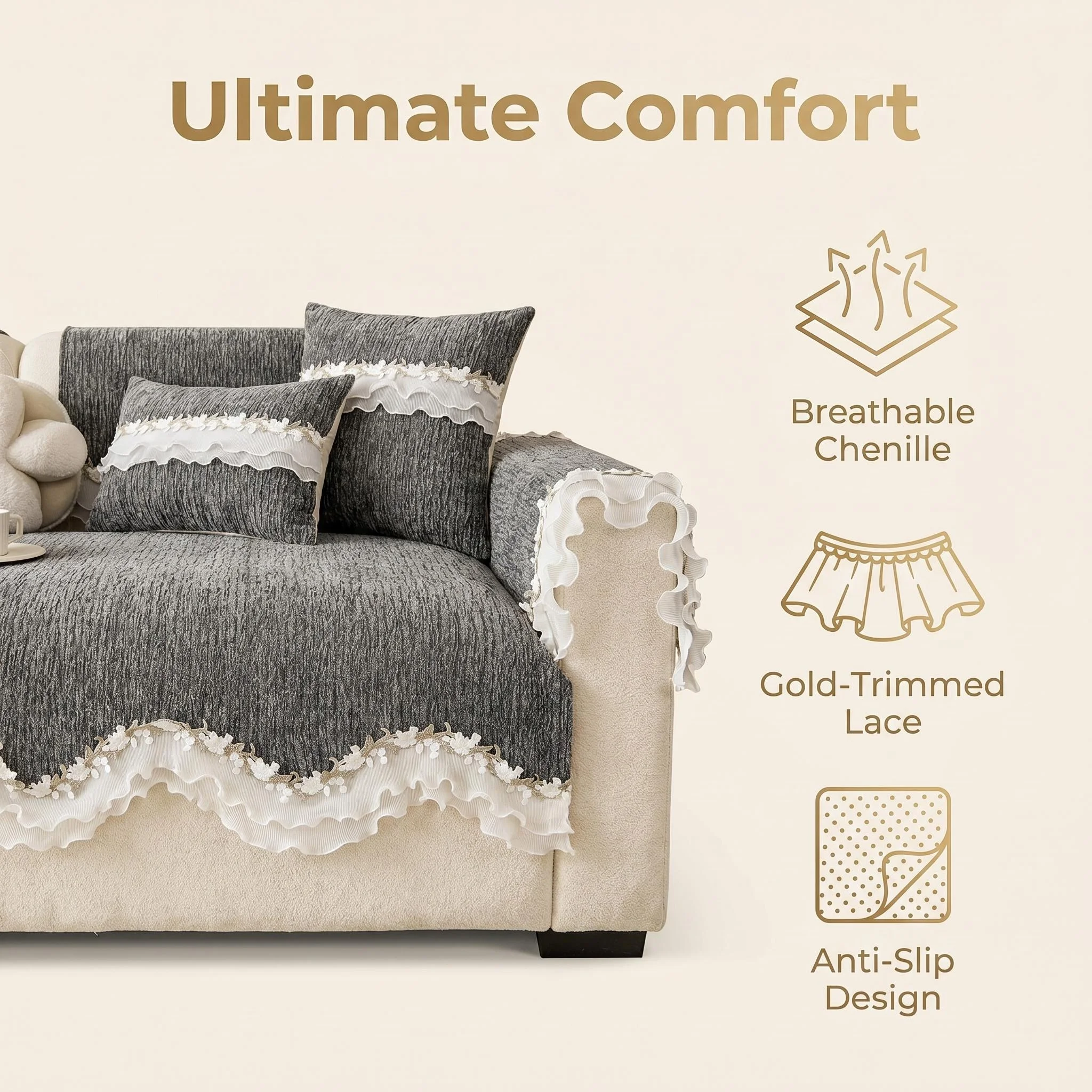 1pc Delicate Double Layer Ruffle Chenille Non-Slip Sofa Cover, for Living Room Renovation Upgrade Furniture Protectpr Decor