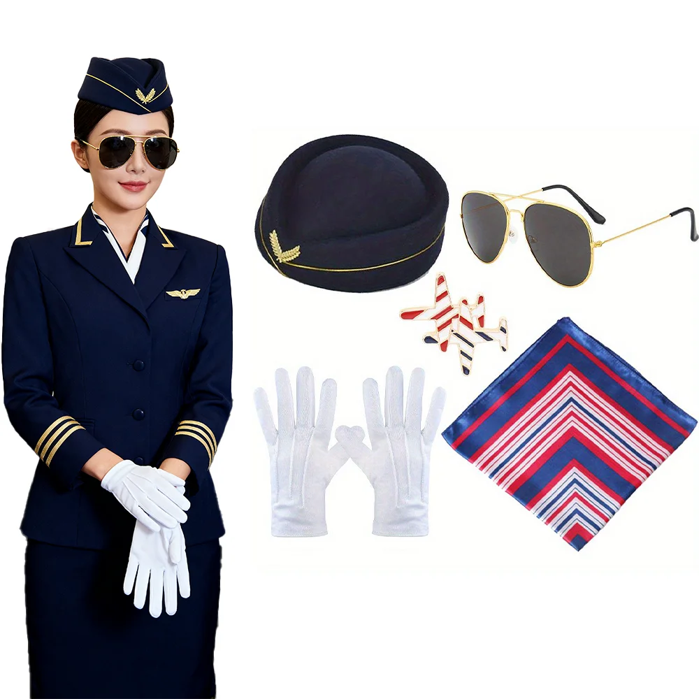 ชุดเครื่องแต่งกายแอร์โฮสเตสสไตล์วินเทจสุดหรู - ชุดแต่งกายสายการบินสุดคลาสสิกพร้อมหมวก ผ้าพันคอ แว่นกันแดด และถุงมือ