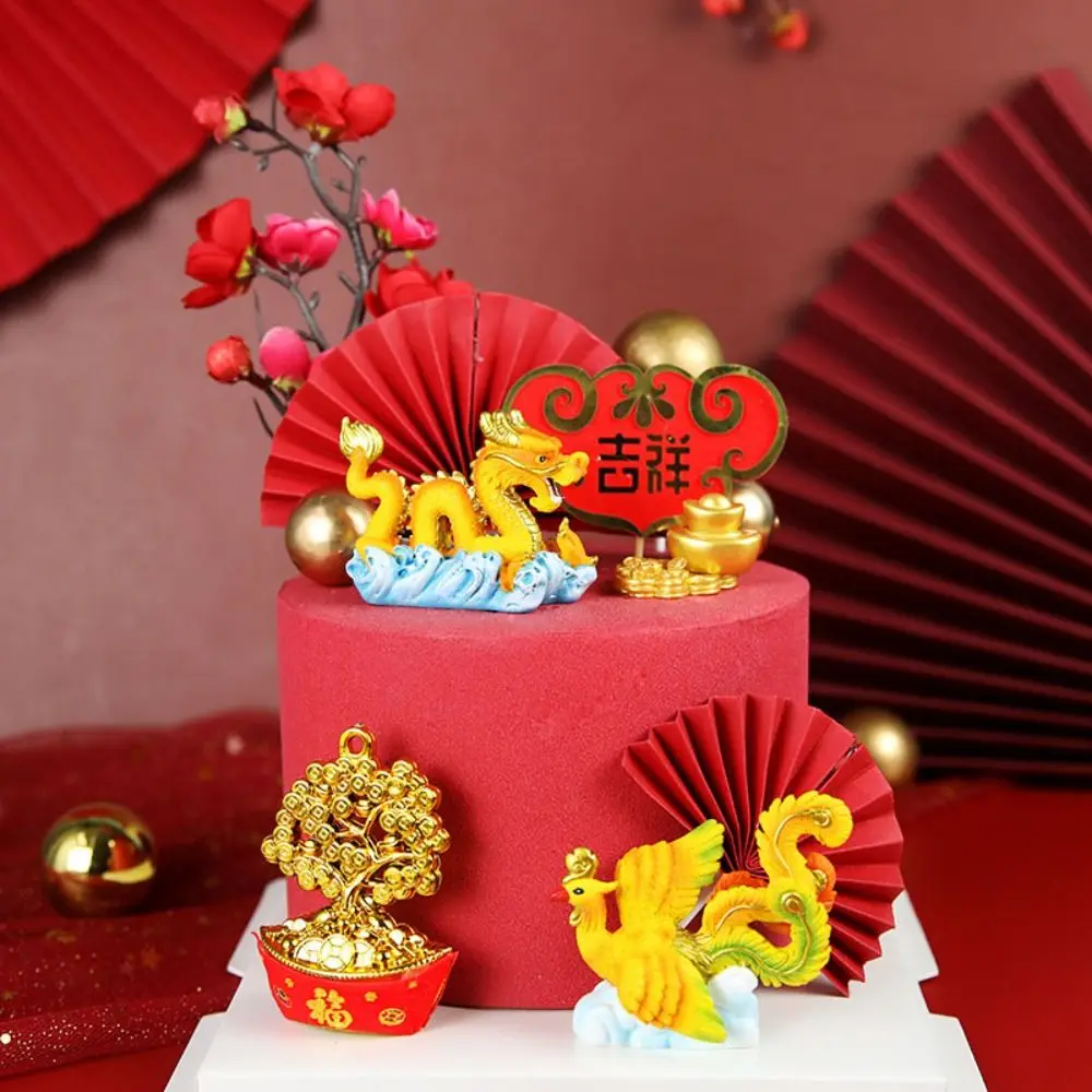 

Mythical Animal Dragon and Phoenix Ornaments Miniature Chinese Style New Year Ornament Resin Baking Cake Decor