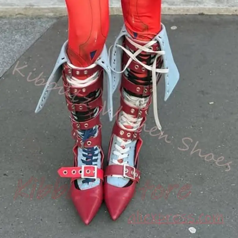 Gladiator Knee High Stiletto Boots Cutout Women Multi Buckle Lace Up Pointed Toe Hollow Out Punk Gothic Runway Footwear Concise