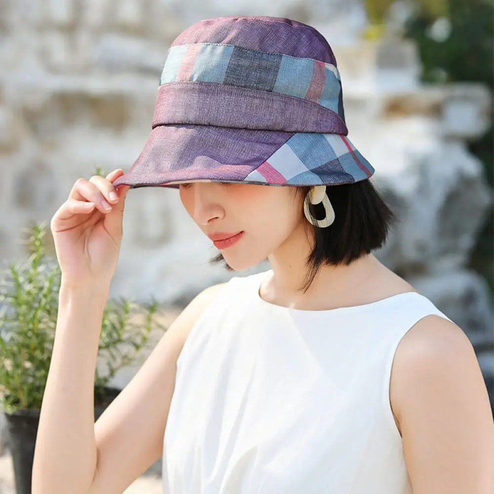 Elderly Women Sunshade Bucket Hat Plaid Fisherman Cap Spring Summer Fashion Breathable Foldable Lightweight Outdoor Hat